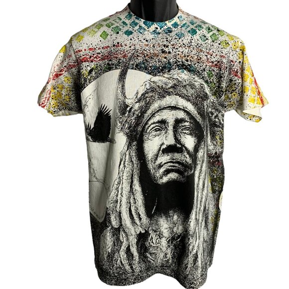 Vintage 90s Native American AOP T Shirt L White Crewneck Single Stitch Chief - Picture 1 of 8